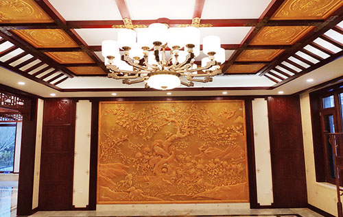 琼山中式别墅客厅中式木作横梁吊顶装饰展示